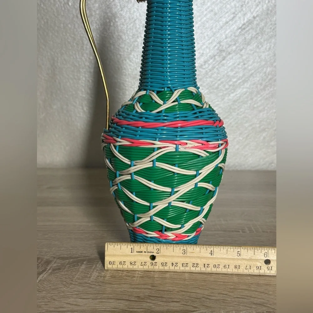 Vintage Spain Wine Bottle Plastic Woven Wicker Metal Handle